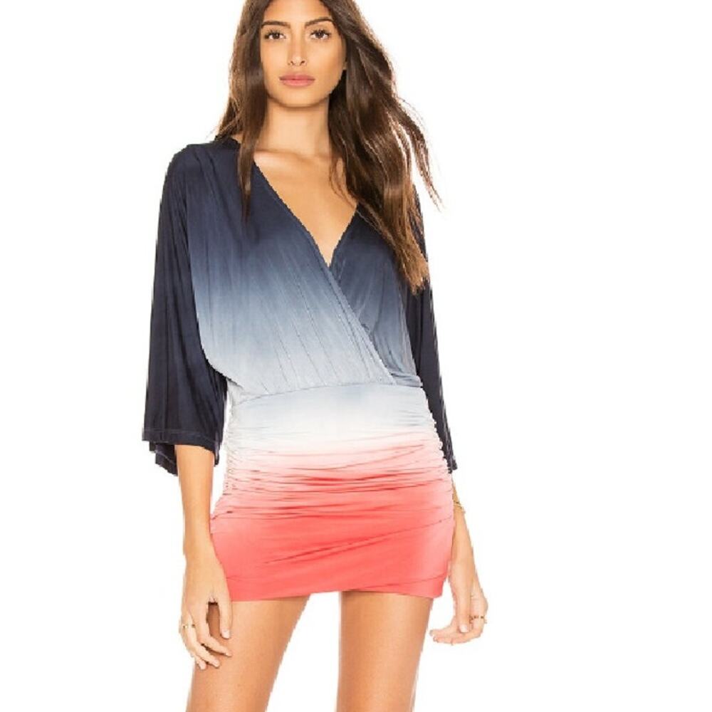 YFB Hara Ruched Mini Dress Small Cutout Back Boho Blue Ombre Kimono Sleeve
